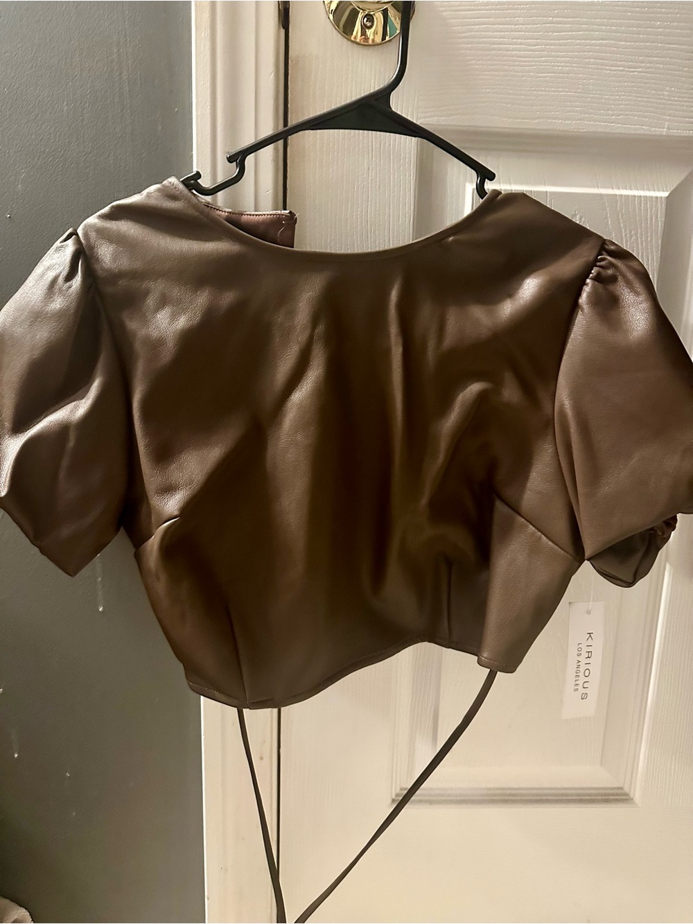 Khaïros Brown Faux Leather Puff-Sleeve Crop Top